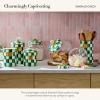 MACKENZIE-CHILDS Enamel Squashed Pot, Enamelware Storage Canister with Lid, 20 Ounces, Purple-and-White Violet Check(Emerald Check)