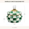 MACKENZIE-CHILDS Enamel Squashed Pot, Enamelware Storage Canister with Lid, 20 Ounces, Purple-and-White Violet Check(Emerald Check)
