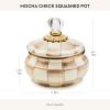 MACKENZIE-CHILDS Enamel Squashed Pot, Enamelware Storage Canister with Lid, 20 Ounces, Purple-and-White Violet Check(Mocha Check)