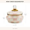 MACKENZIE-CHILDS Enamel Squashed Pot, Enamelware Storage Canister with Lid, 20 Ounces, Purple-and-White Violet Check(Rosy Check)