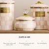 MACKENZIE-CHILDS Enamel Squashed Pot, Enamelware Storage Canister with Lid, 20 Ounces, Purple-and-White Violet Check(Rosy Check)