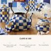 MACKENZIE-CHILDS Enamel Squashed Pot, Enamelware Storage Canister with Lid, 20 Ounces, Purple-and-White Violet Check(Royal Check)
