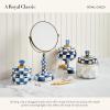 MACKENZIE-CHILDS Enamel Squashed Pot, Enamelware Storage Canister with Lid, 20 Ounces, Purple-and-White Violet Check(Royal Check)