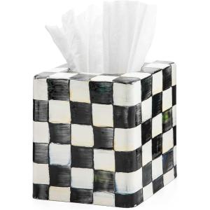 MACKENZIE-CHILDS Boutique Tissue-Box Cover, Square Tissue Holder for Home Decor, Purple-and-White Violet Check(Courtly Check)