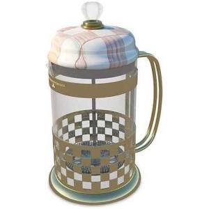 MACKENZIE-CHILDS Coffee French Press, Glass French-Press Coffee Maker, 32-Ounce Capacity, Purple-and-White Violet Check(Rosy Check)