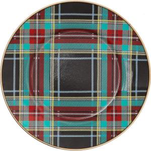 MACKENZIE-CHILDS Enamel Salad and Dessert Plate, Small Plate for a Dessert or Appetizer Dish, 8 Inches, Purple-and-White Violet Check(Black Tartan)
