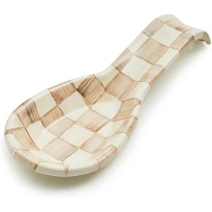 MACKENZIE-CHILDS Enamel Spoon Rest, Kitchen Utensil Rest and Spoon Holder, Kitchen Decor, Purple-and-White Violet Check(Mocha Check)