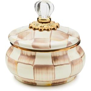 MACKENZIE-CHILDS Enamel Squashed Pot, Enamelware Storage Canister with Lid, 20 Ounces, Purple-and-White Violet Check(Mocha Check)