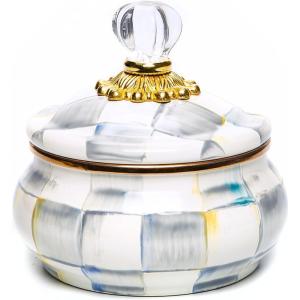MACKENZIE-CHILDS Enamel Squashed Pot, Enamelware Storage Canister with Lid, 20 Ounces, Purple-and-White Violet Check(Sterling Check)