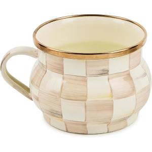 MACKENZIE-CHILDS Enamel Teacup, Unique Coffee and Tea Mug, Enamel Cup for Hot Tea, Purple-and-White Violet Check(Mocha Check)