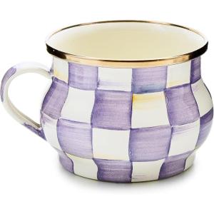 MACKENZIE-CHILDS Enamel Teacup, Unique Coffee and Tea Mug, Enamel Cup for Hot Tea, Purple-and-White Violet Check(Violet Check)