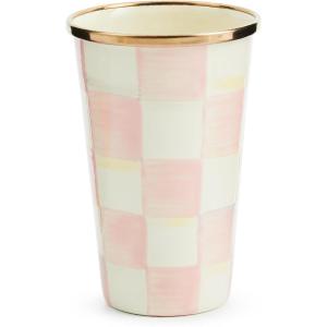 MACKENZIE-CHILDS Enamel Tumbler, Open Tumbler Cup, Cute Enamel Cup, 10 Ounces, Purple-and-White Violet Check(Rosy Check)