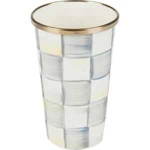 MACKENZIE-CHILDS Enamel Tumbler, Open Tumbler Cup, Cute Enamel Cup, 10 Ounces, Purple-and-White Violet Check(Sterling Check)