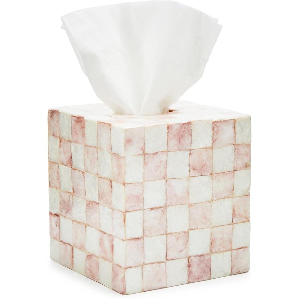 image:imageMACKENZIECHILDS Boutique Square Capiz TissueBox Cover Decorative Tissue Holder PinkandWhite Rosy CheckRosy Check