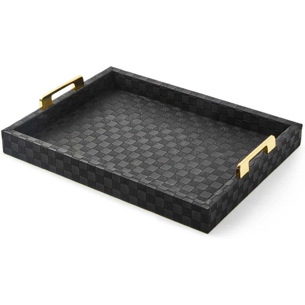 image:imageMACKENZIECHILDS Black FauxLeather Tray with Handles Rectangular Tray for Serving Small158 x 118 x 28
