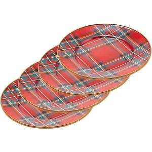 MACKENZIE-CHILDS Enamel Salad and Dessert Plate, Small Plate for a Dessert or Appetizer Dish, 8 Inches, Set of 4, Red Tartastic(Red Tartastic)