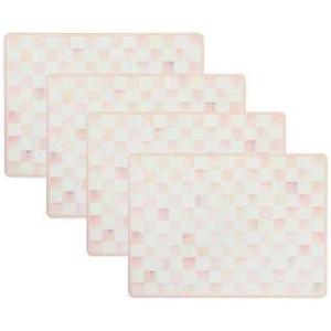 MACKENZIE-CHILDS Cork-Back Placemats, Hard-Finish Washable Table Mats, Set of 4, Black-and-White Courtly Check(Rosy Check)