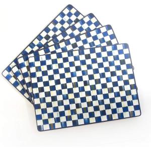 MACKENZIE-CHILDS Cork-Back Placemats, Hard-Finish Washable Table Mats, Set of 4, Black-and-White Courtly Check(Royal Check)