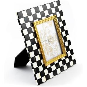 MACKENZIE-CHILDS Decorative Enamel 5″ x 7″ Frame, Cute Rectangular Family Picture Frame, Black-and-White Courtly Check