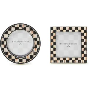 MACKENZIE-CHILDS Set of 2 Silver-Plated Photo Frames, Cute Family Picture Frames, Black-and-White Courtly Check