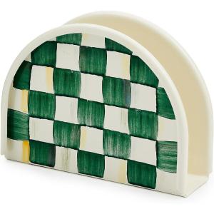 MACKENZIE-CHILDS Enamel Napkin Holder, Kitchen Napkin Holder for Table and Countertop, Brown-and-White Mocha Check(Emerald Check)