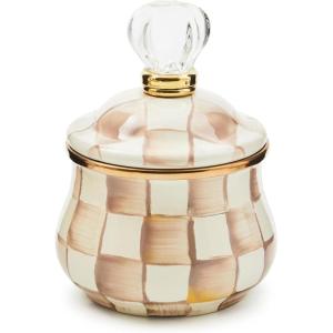 MACKENZIE-CHILDS Enamel Lidded Sugar Bowl, Small Serving Bowl with Lid, 10-Ounce Capacity, Brown-and-White Mocha Check(Mocha Check)
