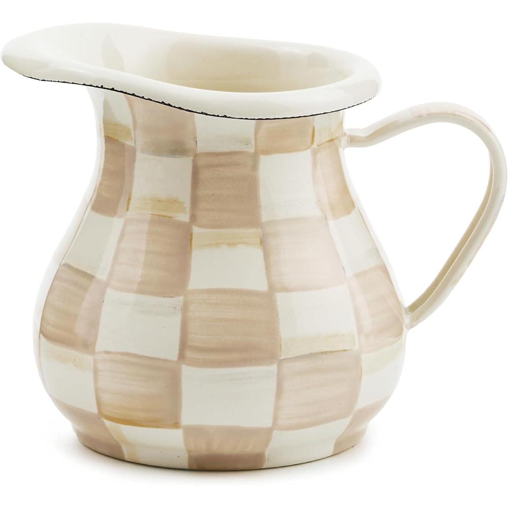 image:imageMACKENZIECHILDS Enamel Creamer Creamer Dispenser with Pour Spout Kitchen Enamelware 14Ounce Capacity BrownandWhite Mocha CheckMocha Check