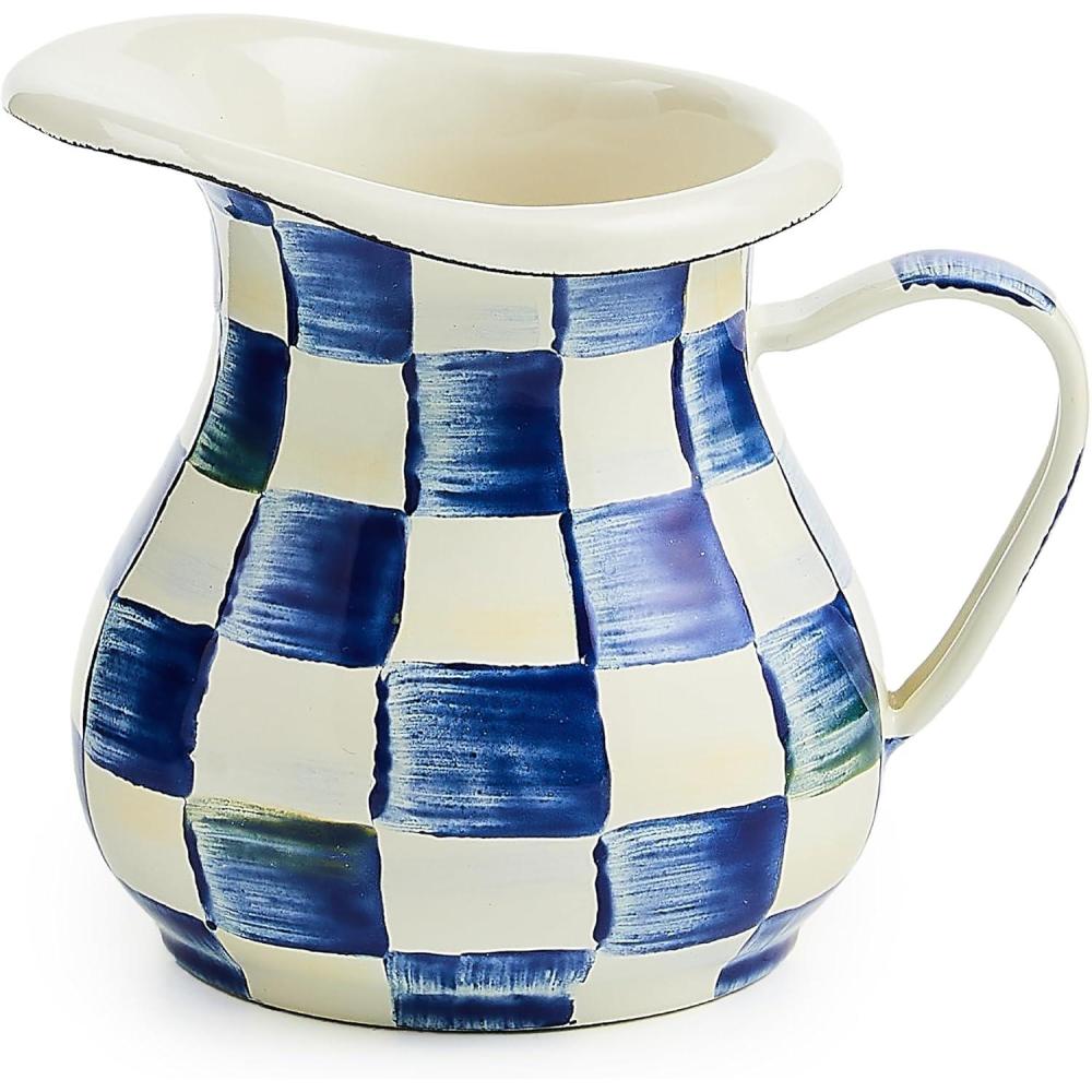 image:imageMACKENZIECHILDS Enamel Creamer Creamer Dispenser with Pour Spout Kitchen Enamelware 14Ounce Capacity BrownandWhite Mocha CheckRoyal Check
