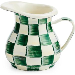 MACKENZIE-CHILDS Enamel Creamer, Creamer Dispenser with Pour Spout, Kitchen Enamelware, 14-Ounce Capacity, Brown-and-White Mocha Check(Emerald Check)