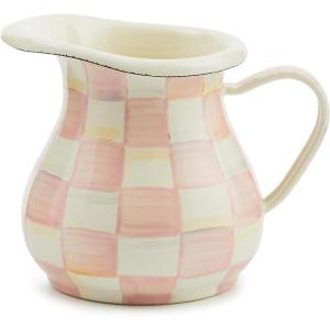 MACKENZIE-CHILDS Enamel Creamer, Creamer Dispenser with Pour Spout, Kitchen Enamelware, 14-Ounce Capacity, Brown-and-White Mocha Check(Rosy Check)