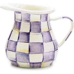 MACKENZIE-CHILDS Enamel Creamer, Creamer Dispenser with Pour Spout, Kitchen Enamelware, 14-Ounce Capacity, Brown-and-White Mocha Check(Violet Check)