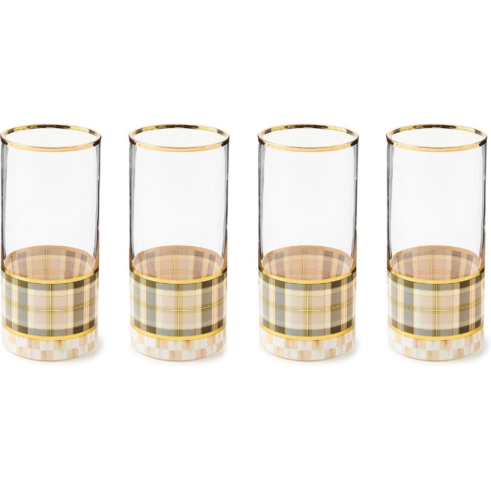 image:imageMACKENZIECHILDS Set of 4 Highball Glasses Tall Drinking Glasses 14 Ounces BrownandWhite Tartan Mocha