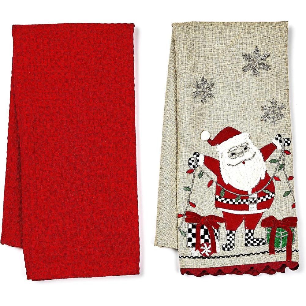 image:imageMACKENZIECHILDS Printed Cotton Dish Towel Decorative Kitchen Towel Rabbit with BonnetSanta With Tree Lights