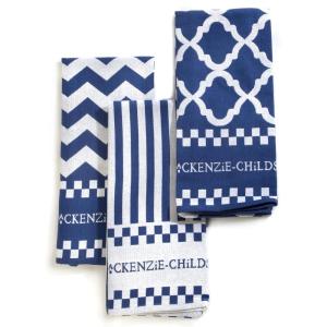 MACKENZIE-CHILDS Printed Cotton Dish Towel, Decorative Kitchen Towel, Rabbit with Bonnet(Blue & White Zig Zag)