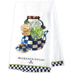 MACKENZIE-CHILDS Printed Cotton Dish Towel, Decorative Kitchen Towel, Rabbit with Bonnet(Hydrangea Tea Kettle)