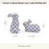 MACKENZIE-CHILDS Set of 2 Ceramic Salt and Pepper Shakers, Kitchen Table Accessories, Purple-and-White Violet Check Bunny