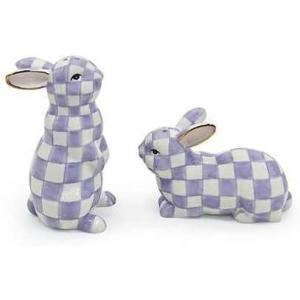 MACKENZIE-CHILDS Set of 2 Ceramic Salt and Pepper Shakers, Kitchen Table Accessories, Purple-and-White Violet Check Bunny