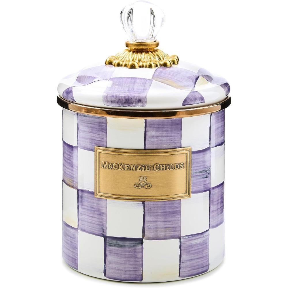 image:imageMACKENZIECHILDS Parchment Check Enamel Canister YellowandCream Kitchen Storage Container with Lid SmallViolet Check