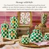 MACKENZIE-CHILDS Parchment Check Enamel Canister, Yellow-and-Cream Kitchen Storage Container with Lid, Small(Emerald Check)