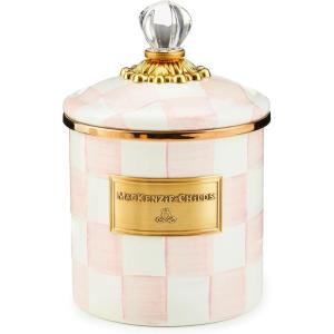MACKENZIE-CHILDS Parchment Check Enamel Canister, Yellow-and-Cream Kitchen Storage Container with Lid, Small(Rosy Check)