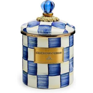 MACKENZIE-CHILDS Parchment Check Enamel Canister, Yellow-and-Cream Kitchen Storage Container with Lid, Small(Royal Check)