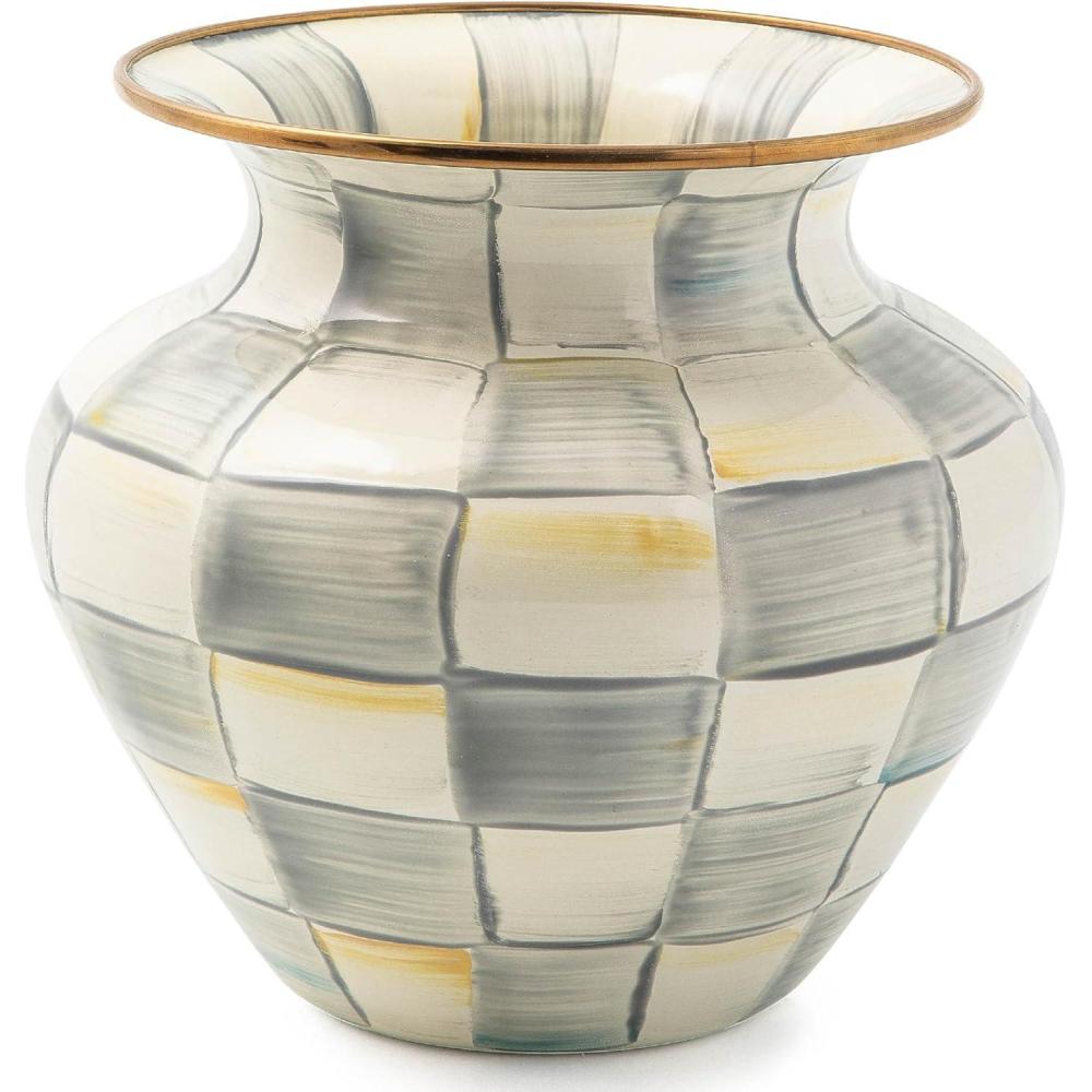 image:imageMACKENZIECHILDS Enamel Large Vase Unique FlowerVase Decor GreenandWhite Emerald CheckSterling Check