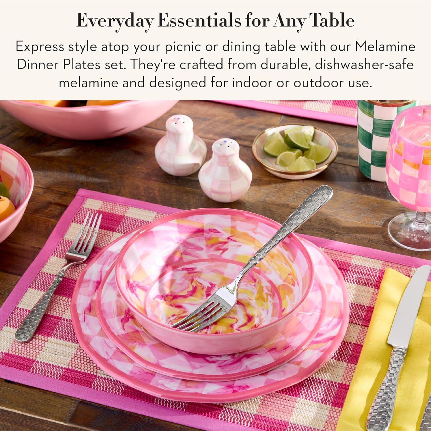 image:imageMACKENZIECHILDS Melamine Dinner Plates Decorative Dinnerware Plates 11 Inches Set of 4 WatermelonPink Marble Check