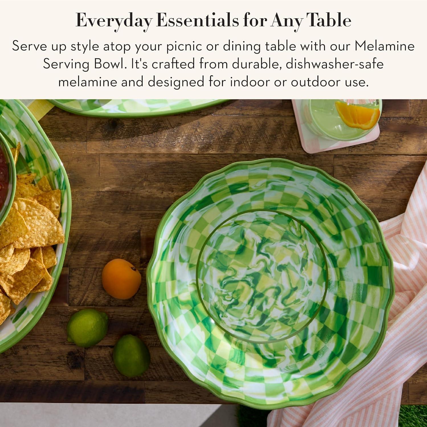 image:imageMACKENZIECHILDS Melamine Serving Bowl Large Decorative Bowl 16Cup Capacity WatermelonGreen Marble Check