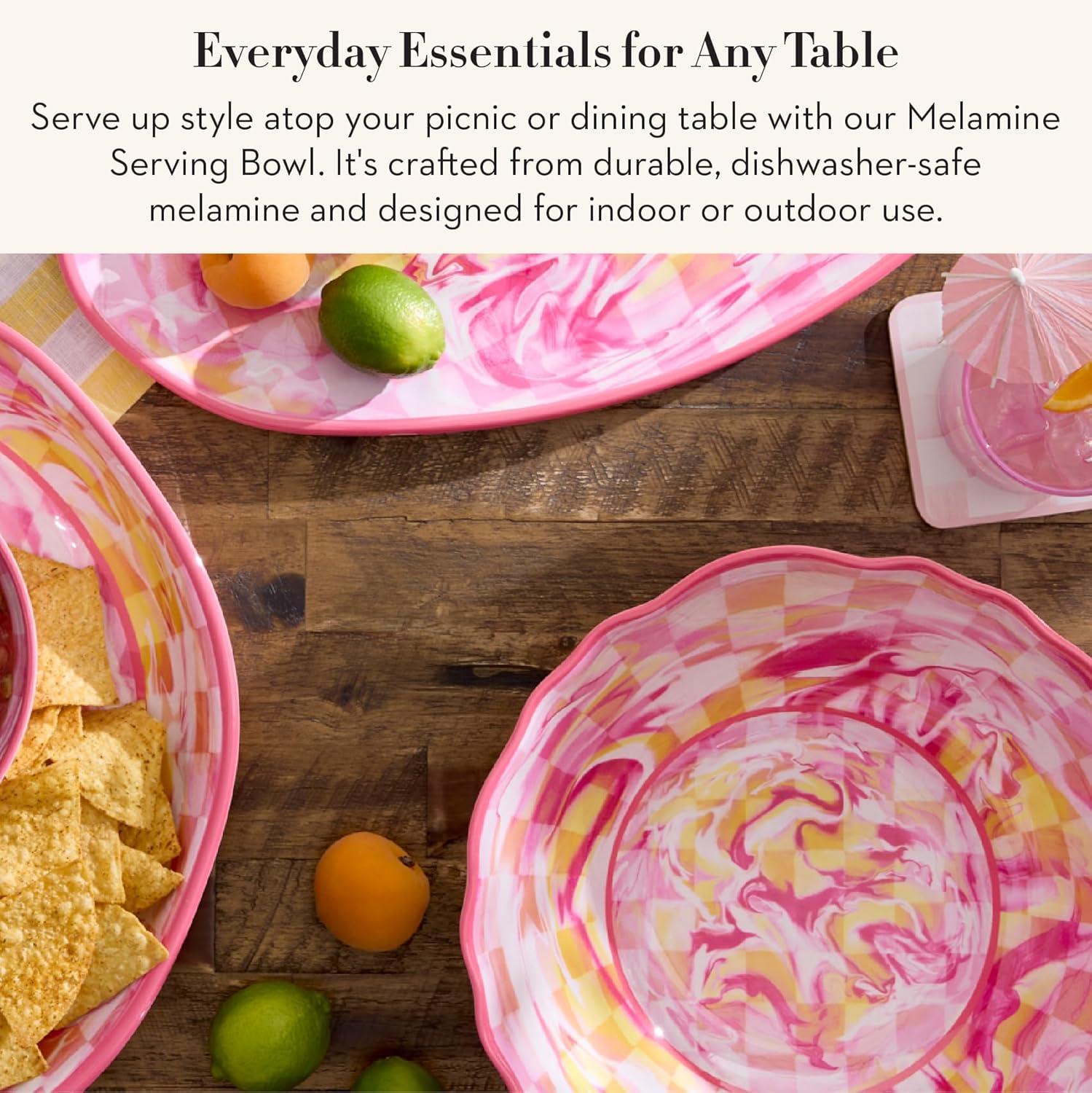 image:imageMACKENZIECHILDS Melamine Serving Bowl Large Decorative Bowl 16Cup Capacity WatermelonPink Marble Check