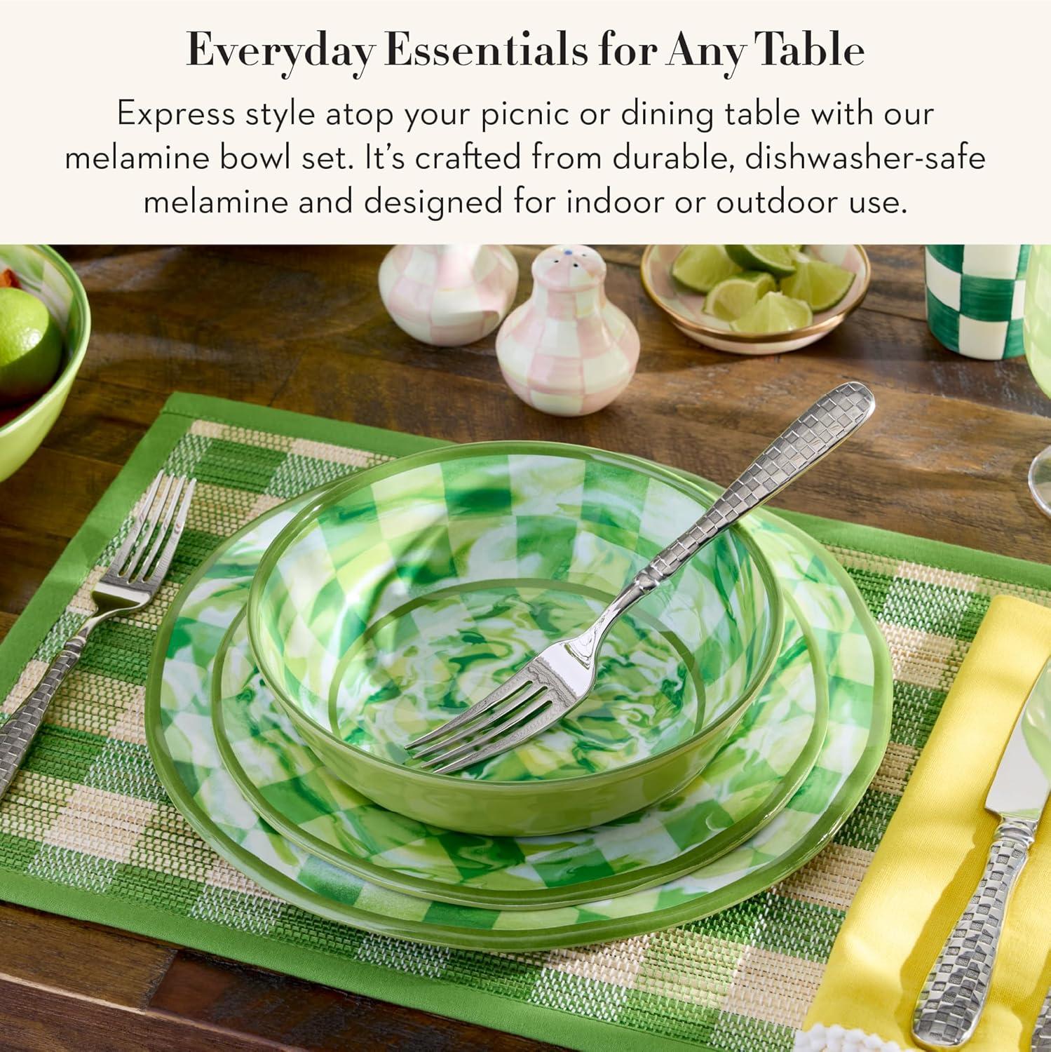 image:imageMACKENZIECHILDS Set of 4 Melamine Bowls Decorative Salad and Soup Bowls Small WatermelonGreen Marble Check