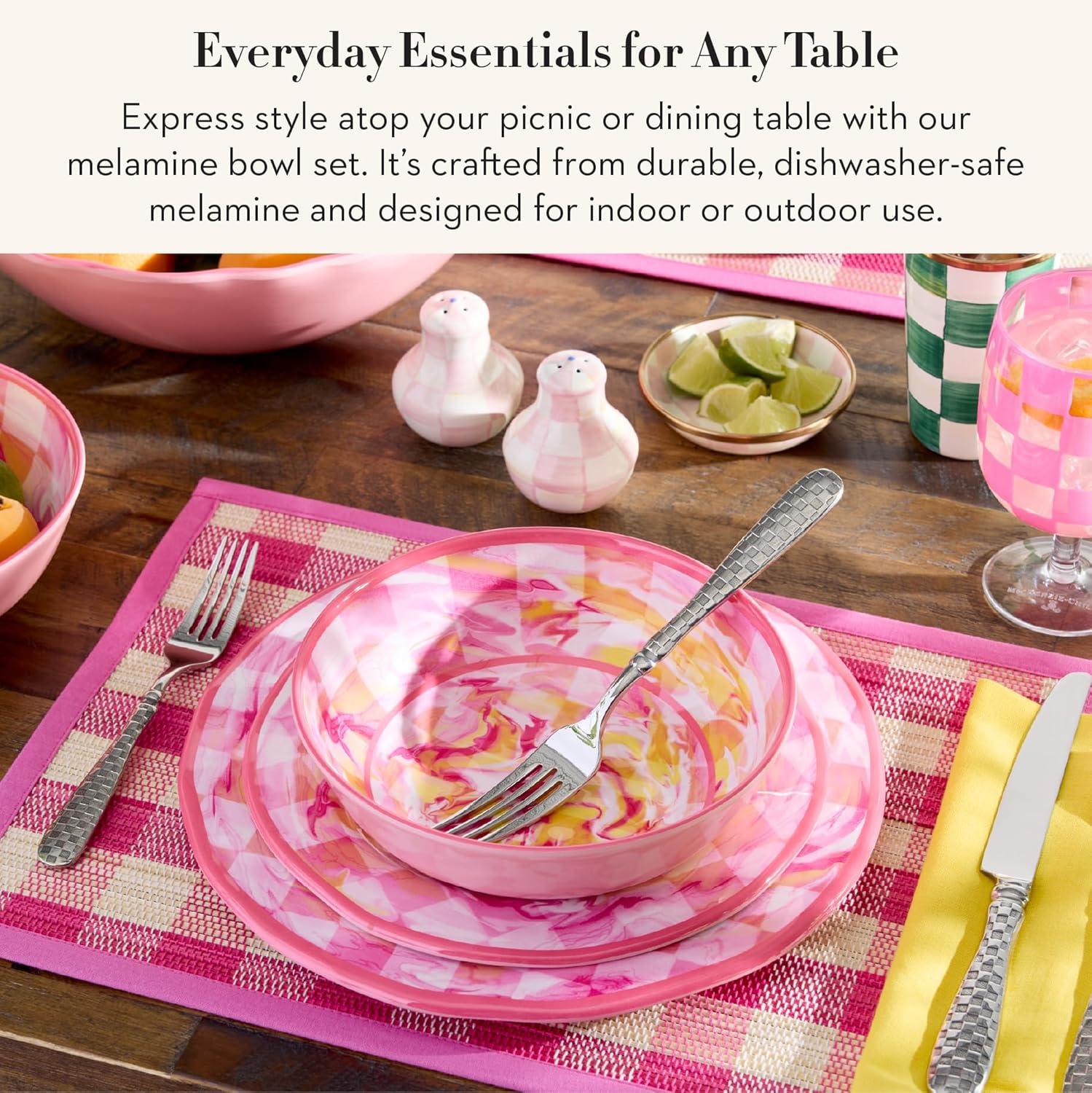 image:imageMACKENZIECHILDS Set of 4 Melamine Bowls Decorative Salad and Soup Bowls Small WatermelonPink Marble Check