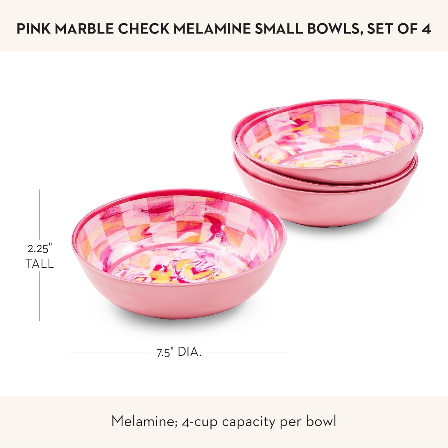 image:imageMACKENZIECHILDS Set of 4 Melamine Bowls Decorative Salad and Soup Bowls Small WatermelonPink Marble Check