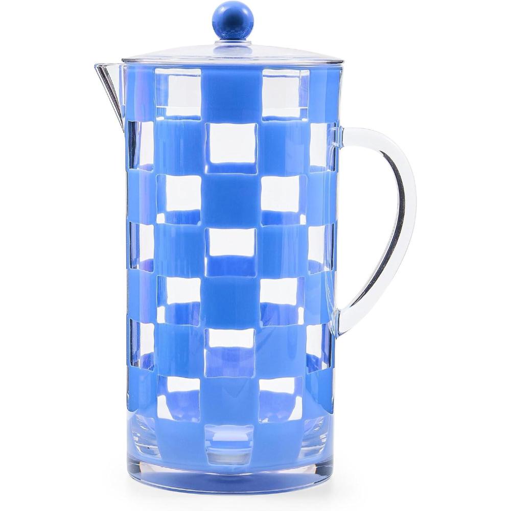 image:imageMACKENZIECHILDS Acrylic Pitcher with Spout for Water Lemonade and Farmhouse Home Decor 25 Quarts White CheckBlue Check