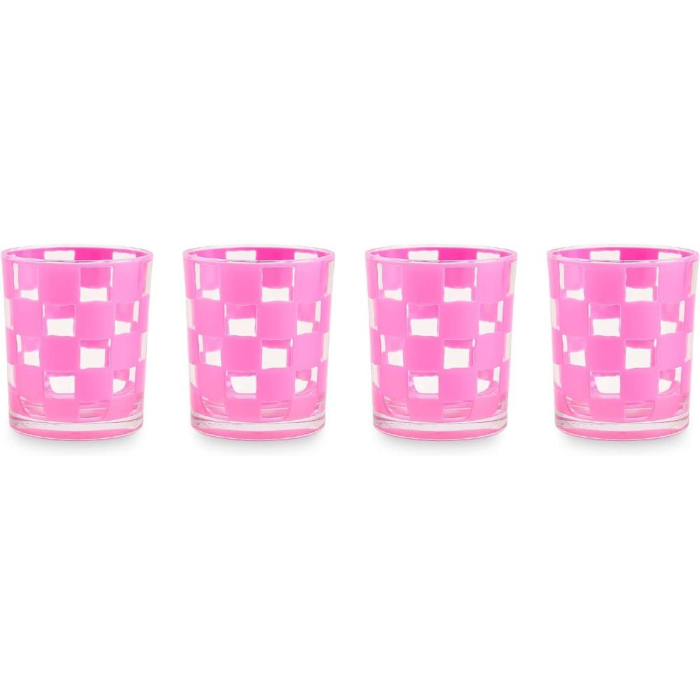image:imageMACKENZIECHILDS Set of 4 Acrylic Tumblers Open Tumbler Cups Acrylic Cups 14 Ounces Black CheckPink Check